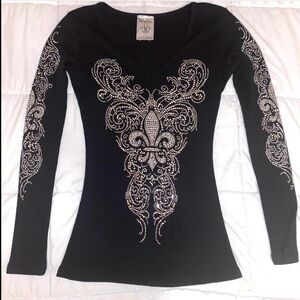 Vocal Black Long Sleeve Top with Silver Embellishments
